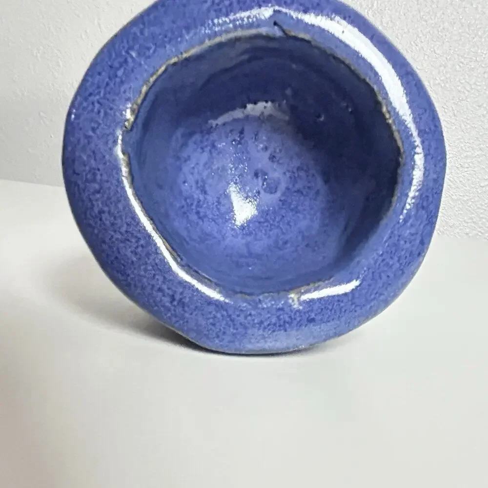 Handmade Studio Pottery Blue Glazed Pinch Bowl Salt Cellar Rustic Ceramic